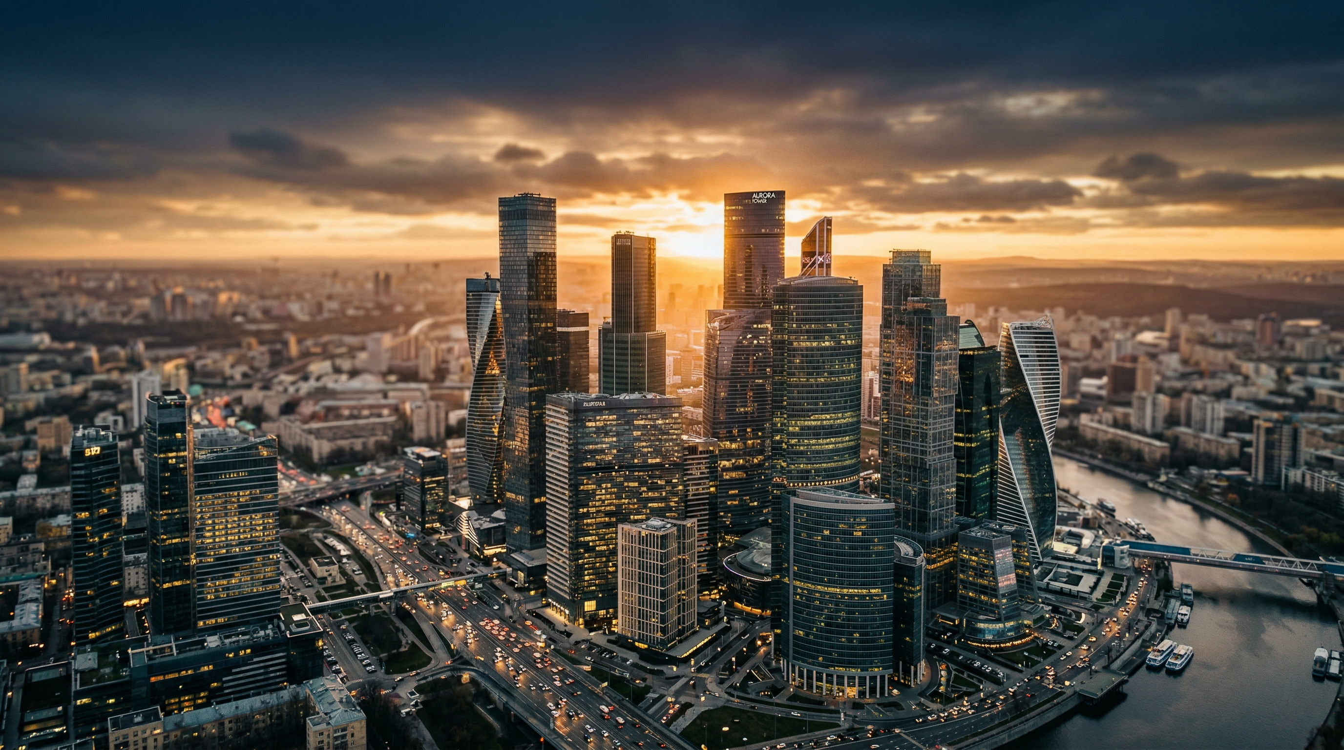 Modern city skyline at golden hour